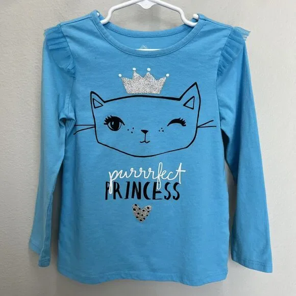 Okie Dokie | Blue Sparkle Purrrfect Princess Kitty Cat Long Sleeve Top Girl 4 - Picture 2 of 7